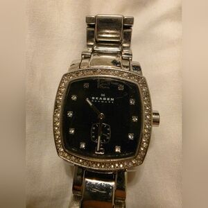 Skagen Silver and Black Watch with Crystal Accents